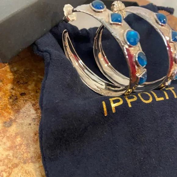 Ippolita Authentic Sterling Silver large hoops blue Topaz🩵